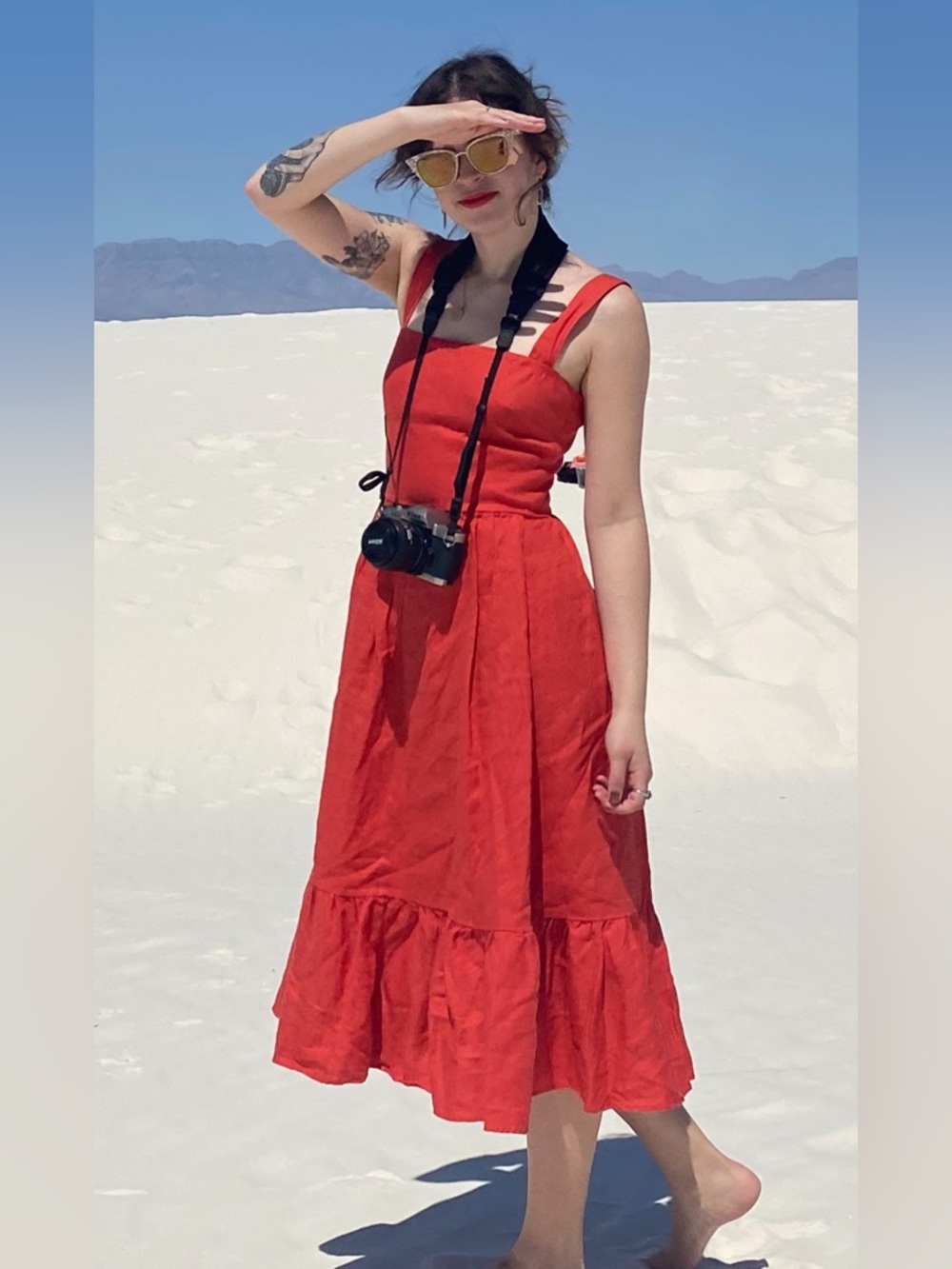 Reformation Red Square-Neck Linen Dress